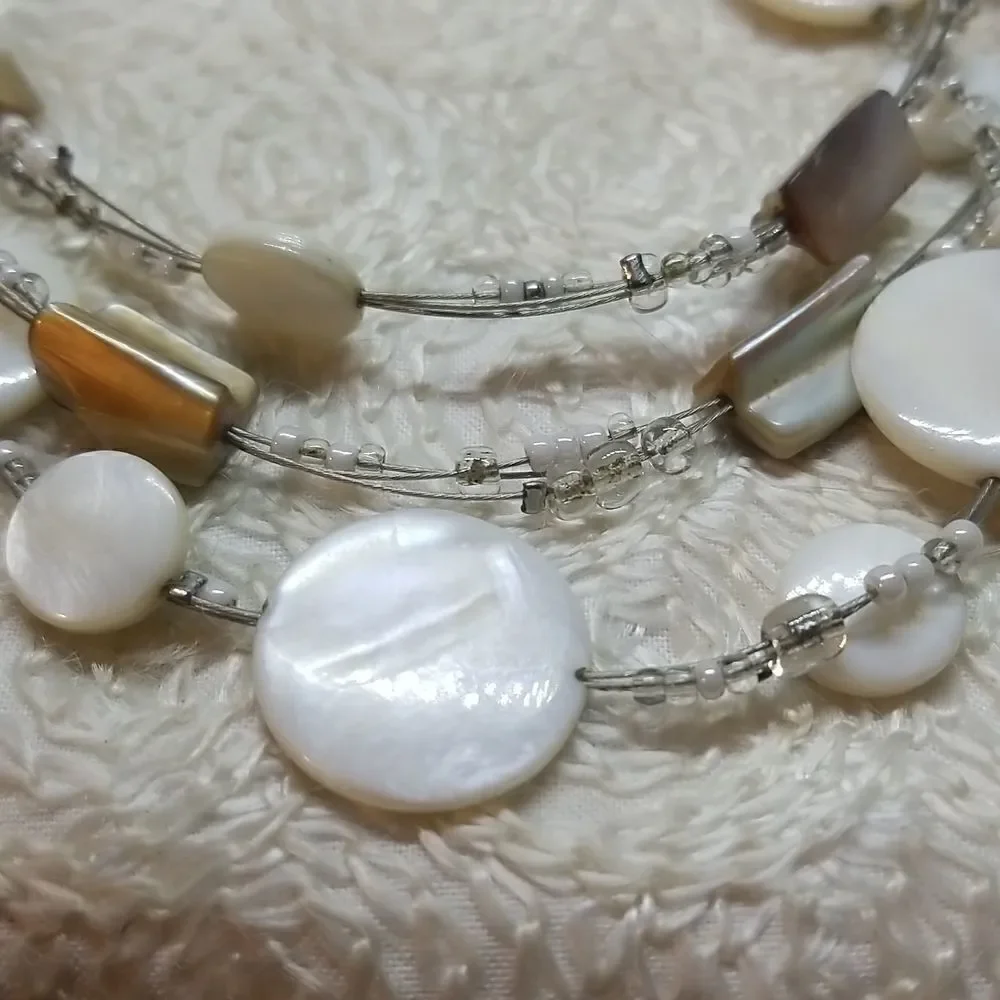 Avenue Necklace Coin Three Tier Wire Shell Coin Beads Silver Necklace